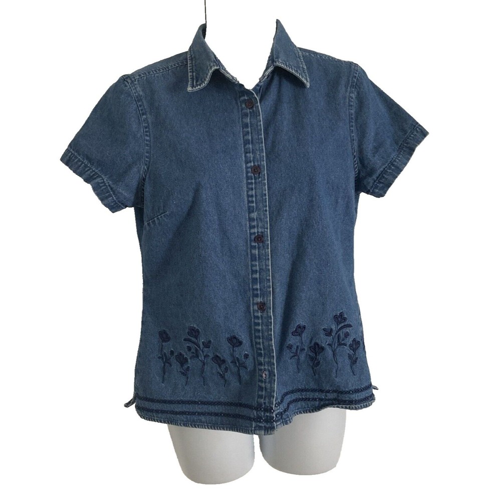 Basic Editions Shirt Womens Small Blue Denim Embroidered Short Sleeve Blouse Y2K - Picture 10 of 10